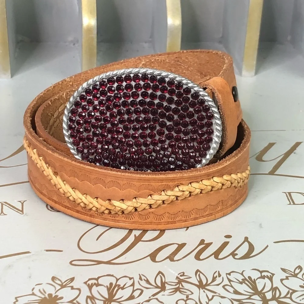 RED rhinestone tan leather woven belt